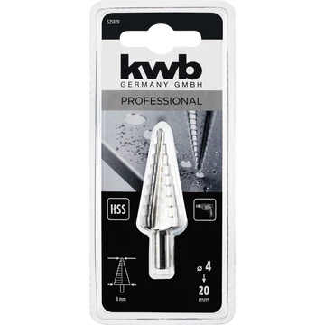 KWB PROFESSIONAL HSS STEP DRILL   lépcsősfúró 2 mm osztással INOX, acél, lemezacél, színesfém, PVC   4-20 x 8 mm   49525820