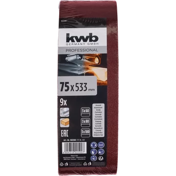 KWB ROFESSIONAL ALUMINIUM OXIDE SANDING BELTS FOR WOOD & METAL  végtelenített csiszolószalag klt. 9 db   75 x 533  G60, G80, G100 x 3    49902500