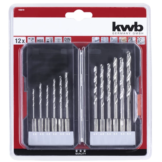 KWB CLASSIC HSS TWIST METAL DRILL SET E6.3 hexagon befogású fémfúrószár klt. 12 db  2.0-6,5 mm  49108810