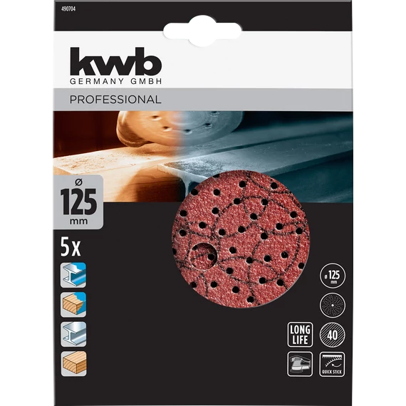 KWB PROFESSIONAL ABRASIVE QUICK-STICK ORBITAL SANDER SANDPAPER DISC for WOOD & METAL   tépőzáras csiszolókorong 5 db 125 mm  G40  49490704