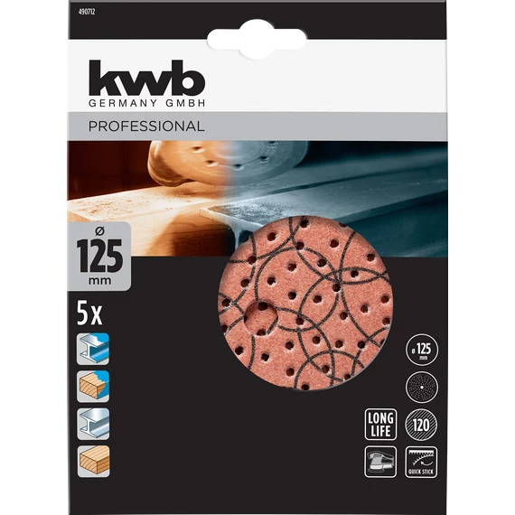 KWB PROFESSIONAL ABRASIVE QUICK-STICK ORBITAL SANDER SANDPAPER DISC for WOOD & METAL  tépőzáras csiszolókorong 5 db 125 mm  G120  49490712
