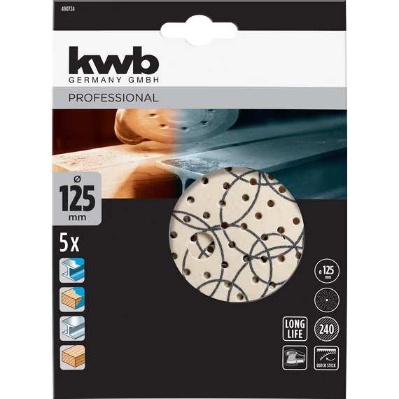 KWB PROFESSIONAL ABRASIVE QUICK-STICK ORBITAL SANDER SANDPAPER DISC for WOOD & METAL  tépőzáras csiszolókorong 5 db 125 mm  G240