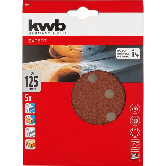 KWB EXPERT QUICK-STICK ALUMINIUM OXIDE SANDING DISCK for WOOD & METAL  tépőzáras csiszolókorong 5 db 125 mm  G180    49491918