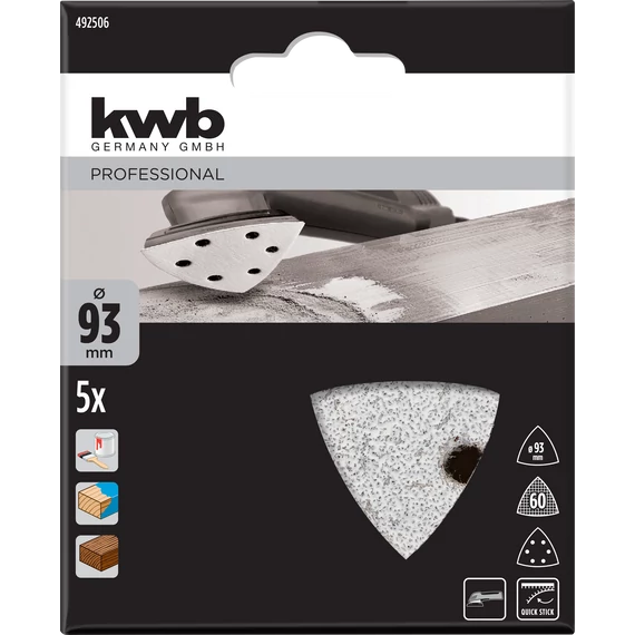 KWB ROFESSIONAL QUICK-STICK ALUMINIUM OXIDE SILVER CUT SANDINIG TRIANGLES for WOOD and PAINT   tépőzáras delta csiszolólap 5 db  93 mm  G60     49492506