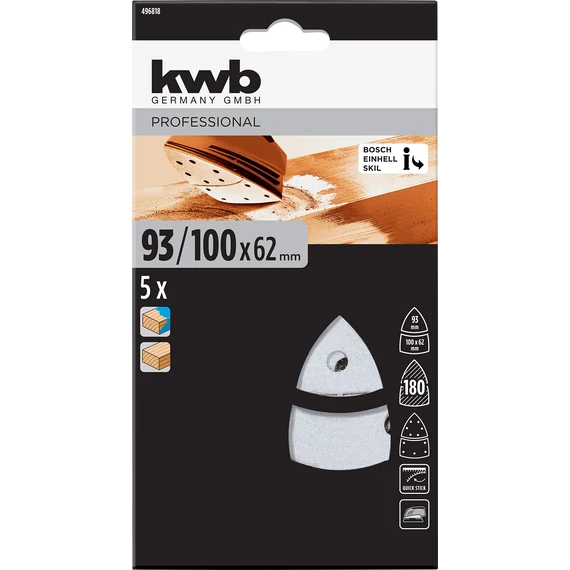 KWB ROFESSIONAL QUICK-STICK ALUMINIUM OXIDE SILVER CUT SANDINIG TRIANGLES for WOOD and PAINT  delta csiszolólap  5 db  100 x 62, 93 mm  G180     49496818