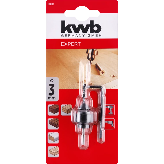 KWB EXPERT CrV WOOD DRILL SET WITH SLIP-ON COUNTERSINK AND DEPTH STOP süllyesztő fúró C45 szénacél mélység határólóval  3.0 mm  49513103