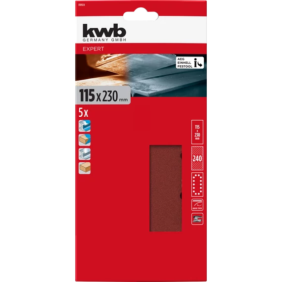 KWB EXPERT ALUMINIUM OXIDE QUICK-STICK SANDING STRIPS for WOOD and METAL   tépőzáras alu.oxid rezgőcsiszolólap  5 db/csomag  115 x 230 mm  G240     49818924