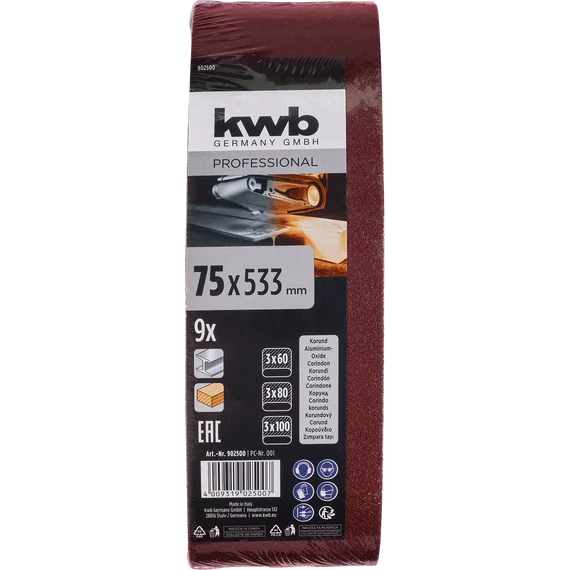 KWB ROFESSIONAL ALUMINIUM OXIDE SANDING BELTS FOR WOOD & METAL  végtelenített csiszolószalag klt. 9 db   75 x 533  G60, G80, G100 x 3    49902500