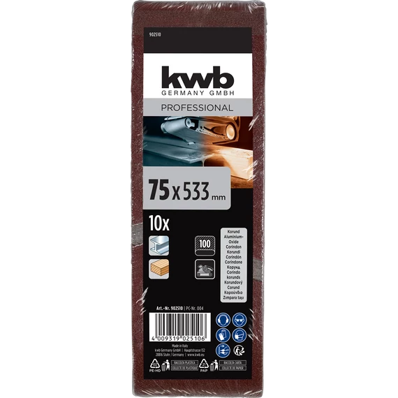 KWB ROFESSIONAL ALUMINIUM OXIDE SANDING BELTS FOR WOOD & METAL  végtelenített csiszolószalag  10 db  75 x 533  G100      49902510