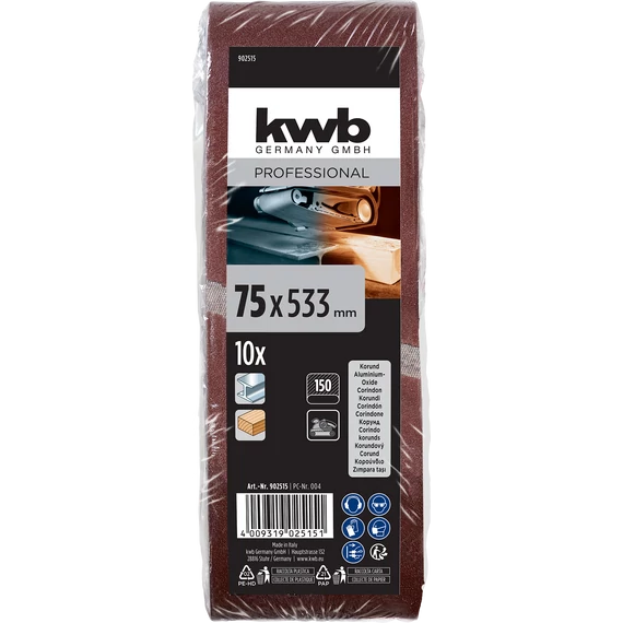 KWB ROFESSIONAL ALUMINIUM OXIDE SANDING BELTS FOR WOOD & METAL  végtelenített csiszolószalag  10 db  75 x 533  G150     49902515