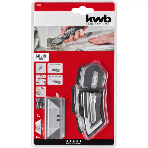 KWB PROFESSIONAL EXTRACTABLE TRAPEZOID BLADE KNIFE WITH PLASTIC BELT CLIP    49013200