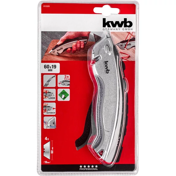 KWB PROFESSIONAL ERGONOMIC TRAPEZOID BLADE SAFETY KNIFE WITH CORD CUTTER   fémházas több funkciós trapézpengés kés    49013320