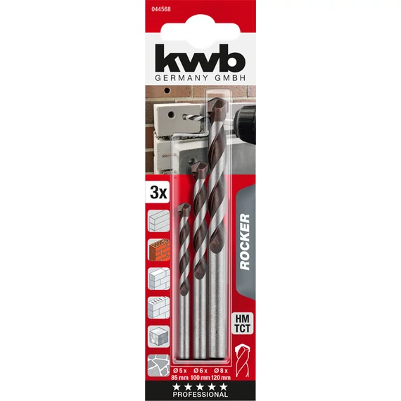 KWB EXPERT HM, TCT ROCKER ® CONCRETE AND MASONRY DRILL BIT SET  hengeres fúrószár klt. 3 db   85/50 x 5.0,  100/60 x 6.0,  120/80 x 8.0 mm   49044568 