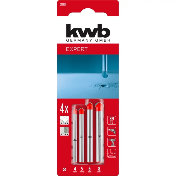 KWB EXPERT HM, TCT SOFT CERAMIC DRILL SET hengeres befogású soft kerámiafúró klt.  4 db4.0, 5.0, 6.0, 8.0 mm 49051500