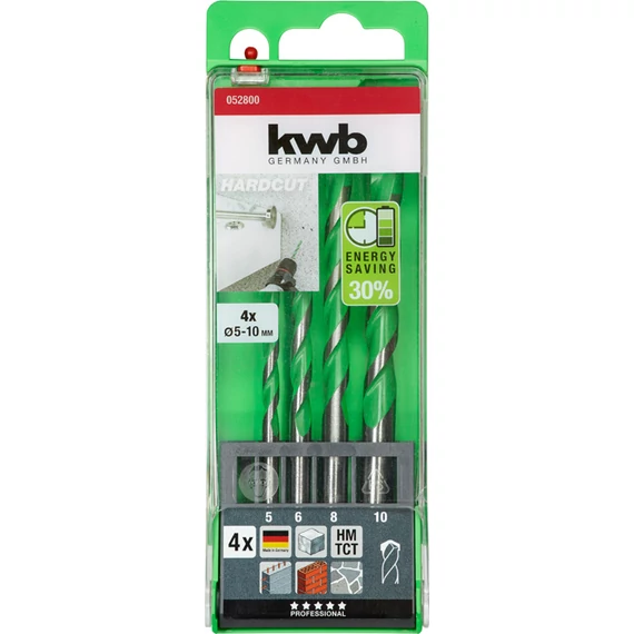 KWB PROFESSIONAL AKKU TOP ENERGY SAVING 30% HARDCUT GRANITE DRILL BIT hengeres befogású gránitfúrószár klt. 4 db   70/50 x 5 mm, 100/60 x 6 mm,  120/75 x 8 mm,  120/75 x 10 mm49052800