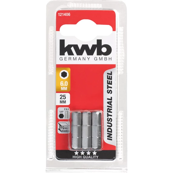 KWB INDUSTRIAL STEEL HEXAGON 6 mm behajtó bit 25 mm  3 db     49121406