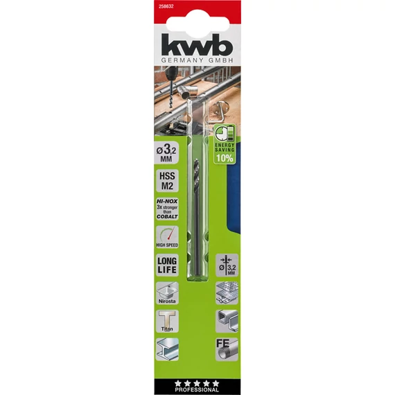 KWB PROFESSIONAL HI-NOX HSS-M2 METAL DRILL  hengeres fémfúrószár  65 x 20 x 3,2 mm   49258632