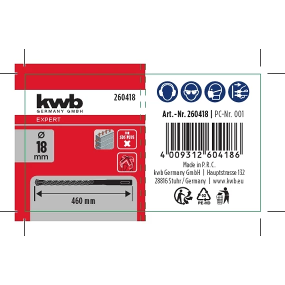 KWB EXPERT HM, TCT HB4X SDS PLUS HAMMER DRILL BIT  négy élű vasbeton fúrószár  460/400 x 18 mm49260418