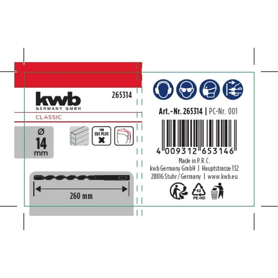 KWB CLASSIC HM, TCT SDS PLUS HB2 HAMMER DRILL BIT
két élű fúrószár   
260/210 x 14 mm
49265314