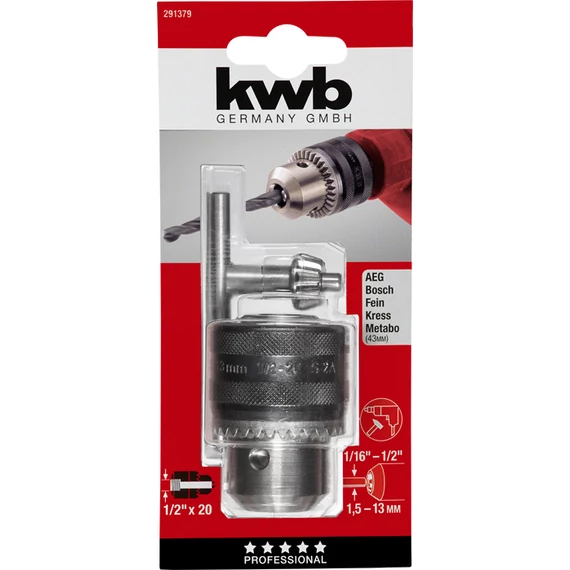 KWB EXPERT S2 STEAL bordázott ütésálló fúrótokmány tokmánykulccsal, belső menet: B  1,5-13 mm  DIN 6349 L     49291379