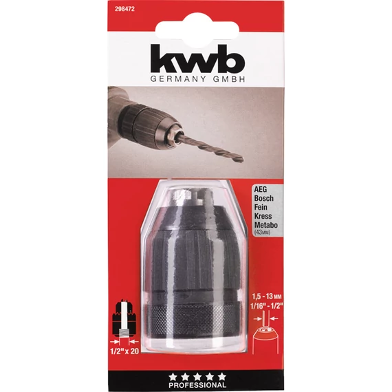 KWB PROFI RÖHM normál teherbírású kulcs nélküli fúrótokmánybelső menet: B 1,5-13 mm    49298472