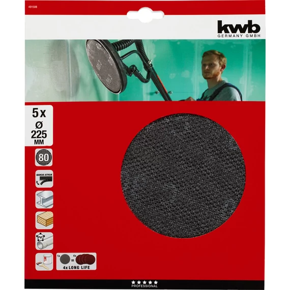 KWB EXPERT ABRASIVE QUICK-STICK WOOD & PAINT üvegszálas csiszolórács  5 db  225 mm  G80    49491508