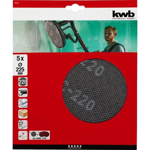 KWB EXPERT ABRASIVE QUICK-STICK WOOD & PAINT üvegszálas csiszolórács 5 db  225 mm  G220     49491522