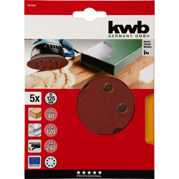 KWB EXPERT QUICK-STICK ALUMINIUM OXIDE SANDING DISCK for WOOD & METAL  csiszolókorong klt. 5 db 2 x G40, G120 1 x G240     49491900