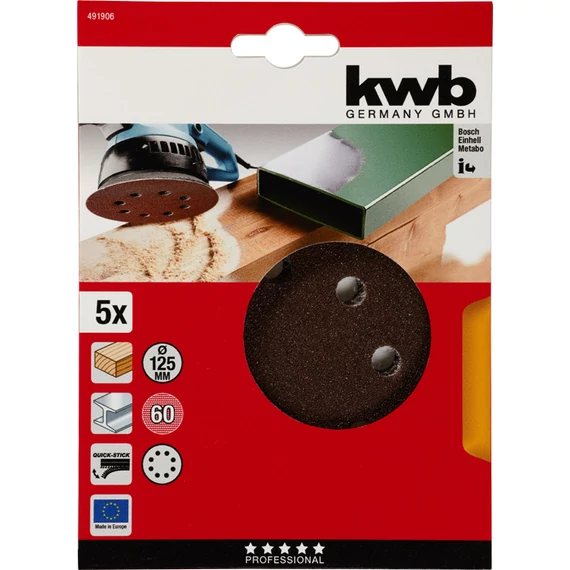 KWB EXPERT QUICK-STICK ALUMINIUM OXIDE SANDING DISCK for WOOD & METAL  tépőzáras csiszolókorong 5 db 125 mm  G60   49491906