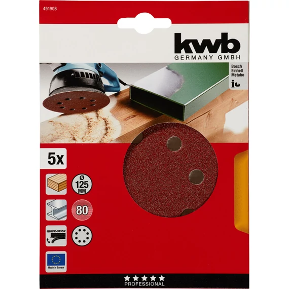 KWB EXPERT QUICK-STICK ALUMINIUM OXIDE SANDING DISCK for WOOD & METAL  tépőzáras csiszolókorong 5 db 125 mm  G80   49491908