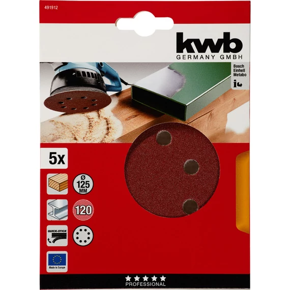 KWB EXPERT QUICK-STICK ALUMINIUM OXIDE SANDING DISCK for WOOD & METAL  tépőzáras csiszolókorong 5 db 125 mm  G120   49491912