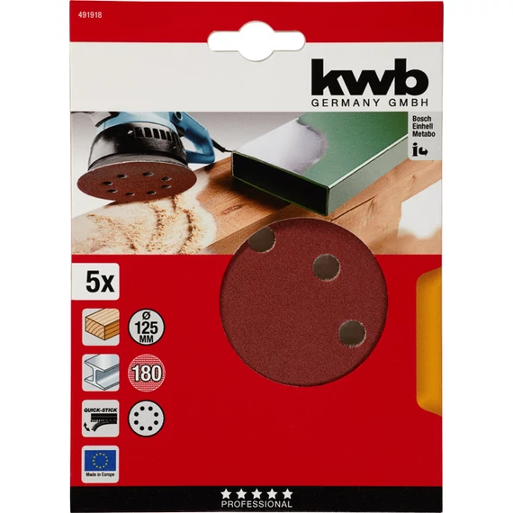 KWB EXPERT QUICK-STICK ALUMINIUM OXIDE SANDING DISCK for WOOD & METAL  tépőzáras csiszolókorong 5 db 125 mm  G180    49491918