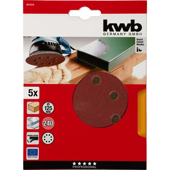 KWB EXPERT QUICK-STICK ALUMINIUM OXIDE SANDING DISCK for WOOD & METAL  tépőzáras csiszolókorong 5 db 125 mm  G240    49491924