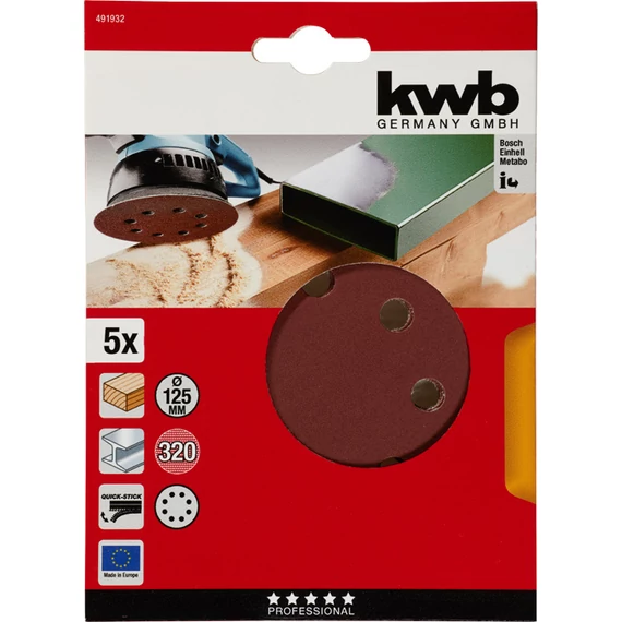 KWB EXPERT QUICK-STICK ALUMINIUM OXIDE SANDING DISCK for WOOD & METAL  tépőzáras csiszolókorong 5 db 125 mm  G320    49491932
