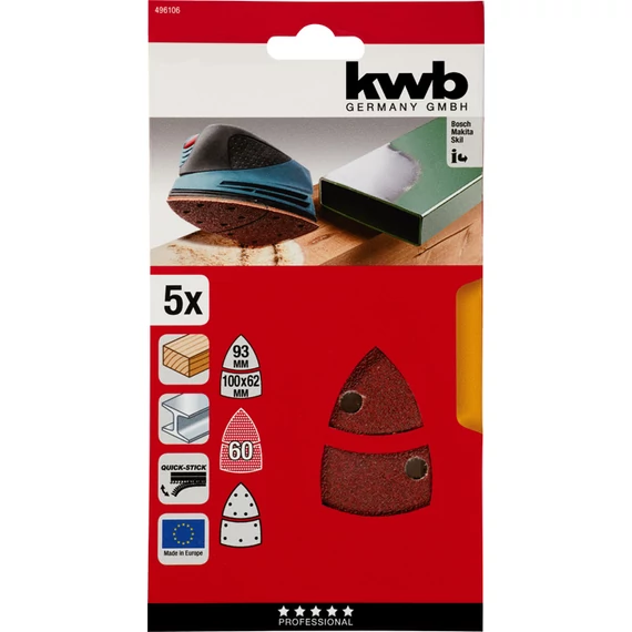 KWB EXPERT QUICK-STICK ALUMINIUM OXIDE SANDING TRIANGLES for WOOD and METAL  nagy delta csiszolólap 5 db  100 x 62, 93 mm  G60    49496106