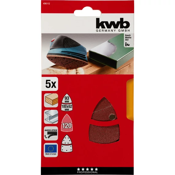 KWB EXPERT QUICK-STICK ALUMINIUM OXIDE SANDING TRIANGLES for WOOD and METAL  nagy delta csiszolólap 5 db  100 x 62, 93 mm  G120     49496112