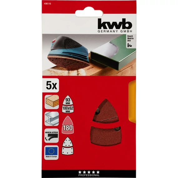KWB EXPERT QUICK-STICK ALUMINIUM OXIDE SANDING TRIANGLES for WOOD and METAL  nagy delta csiszolólap 5 db  100 x 62, 93 mm  G180     49496118