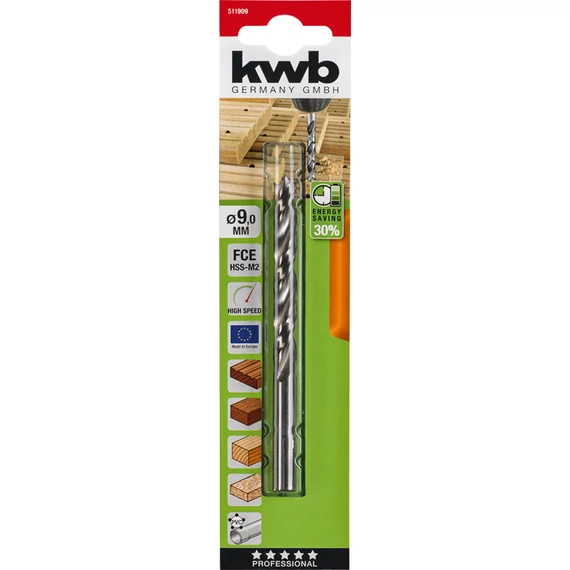KWB PROFESSIONAL LONGER BATTERY LIFE FCE HSS-M2 HARD WOOD DRILL  hengeres befogású fafúrószár  125/97 x 9.0 mm49511909
