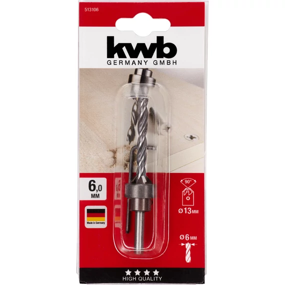 KWB EXPERT CrV WOOD DRILL SET WITH SLIP-ON COUNTERSINK AND DEPTH STOP süllyesztő fúró C45 szénacél mélység határólóval  6.0 mm  49513106