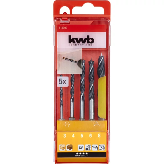 KWB CLASSIC CrV 2-PHASE FLUTES WOOD DRILL BIT SET  hegxagon befogású fafúrószár klt. 5 db    3.0, 4.0, 5.0, 6.0, 8.0 mm  49513900