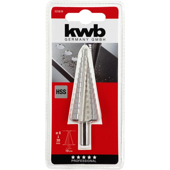 KWB PROFESSIONAL HSS STEP DRILL lépcsősfúró 2 mm osztással INOX, acél, acéllemez, színesfém, PVC    6-30 x 8 mm    49525830
