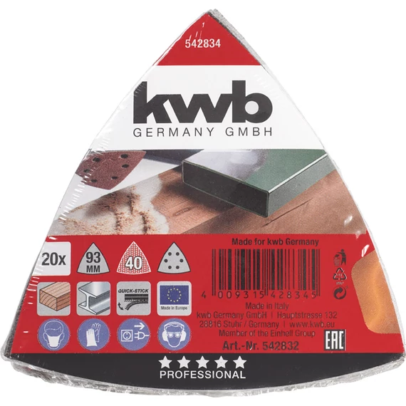 KWB EXPERT ABRASIVE QUICK-STICK ALUMINIUM OXIDE SANDING TRIANGLES for WOOD and METAL tépőzáras delta csiszolólap 20 db  93 mm  G120    49542842