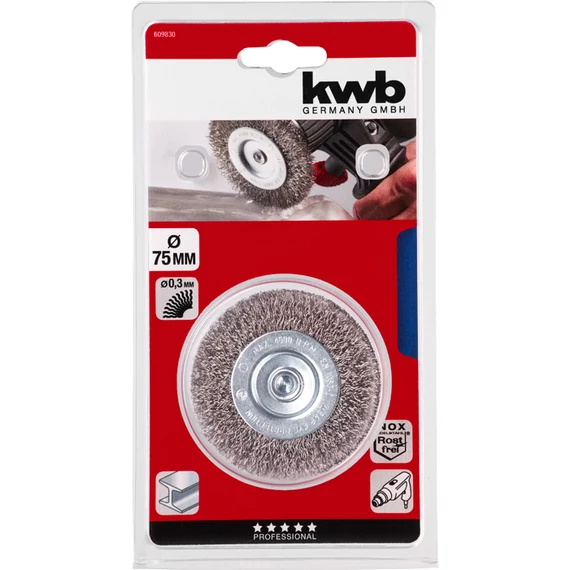 KWB PROFI INOX WHEEL BRUSH WITH STAINLESS STEEL WIRE CRIMPED csapos kerékkefe normál vastag durva  0,3 x 75 x 6 mm    49609830