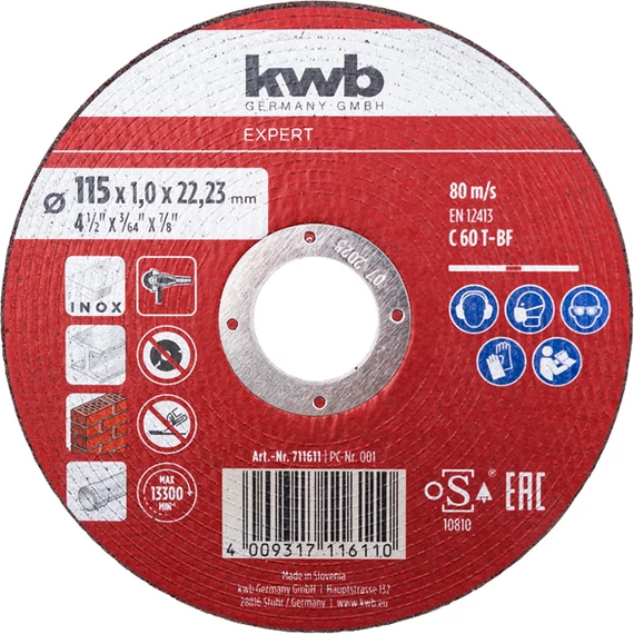 KWB EXPERT EXTRA THIN MULTI MATERIAL CUTTING DISC
 for INOX, METAL, STONE, PLASTIC
115 x 22,23 x 1,0 mm