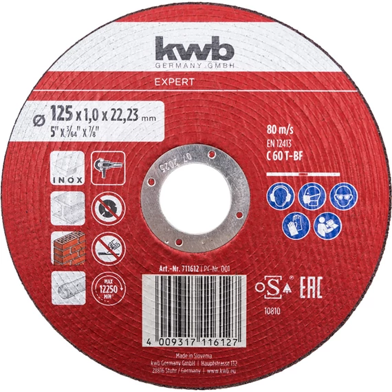 KWB EXPERT EXTRA THIN MULTI MATERIAL CUTTING DISC
 for INOX, METAL, STONE, PLASTIC
125 x 22,23 x 1,0 mm