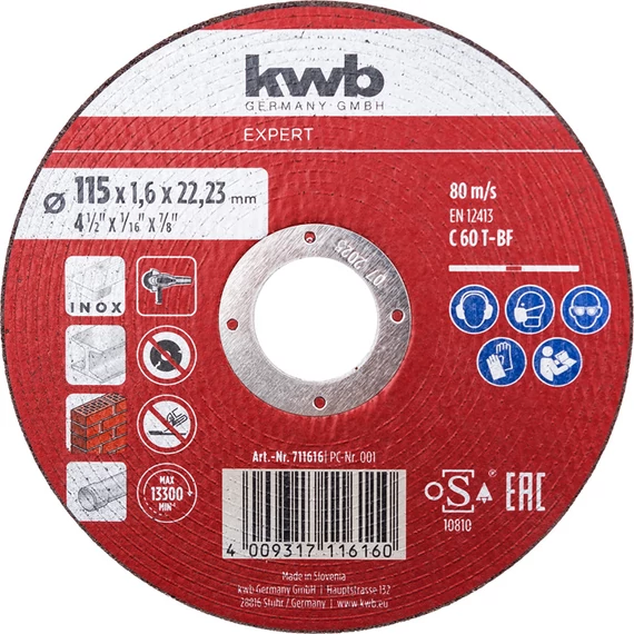 KWB EXPERT THIN MULTI MATERIAL CUTTING DISC
 for INOX, METAL, STONE, PLASTIC
115 x 22,23 x 1,6 mm