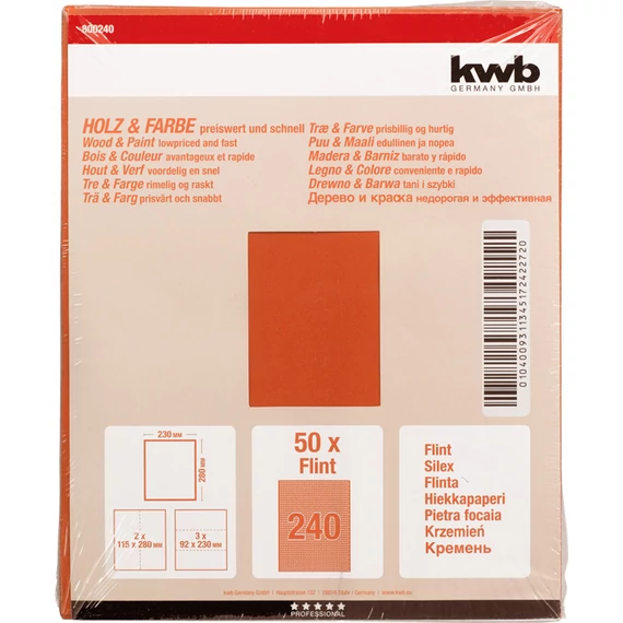 KWB CLASSIC WOOD & PAINT csiszolólap  G240   230 x 280 mm  50 db   49800240