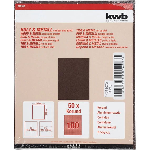 KWB EXPERT WOOD & METAL csiszolólap  G180   230 x 280 mm  50 db  49810180