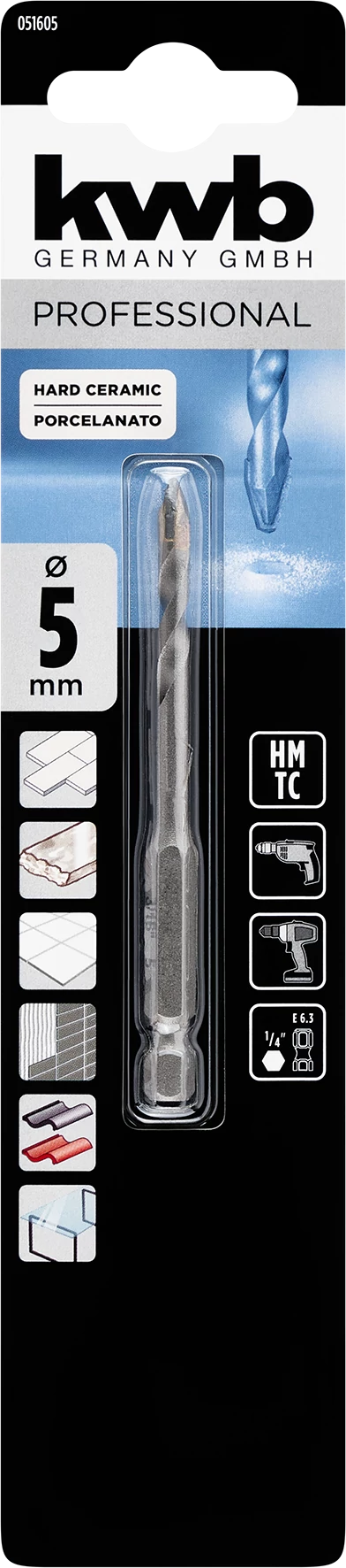 KWB PROFESSIONAL HEXAGON LONG LIFE HM, TCT PORCELAIN STONEWARE DRILL BIT hexagon befogású kemeny kerámiafúró  5,0 mm  49051605
