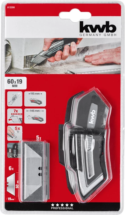 KWB PROFESSIONAL EXTRACTABLE TRAPEZOID BLADE KNIFE WITH PLASTIC BELT CLIP    49013200